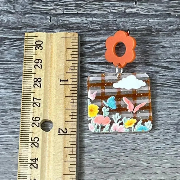 Acrylic Flatback Orange Floral Butterfly Dangle Earrings - Picture 8 of 8